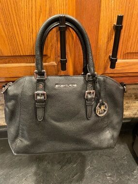 Michael Kors Black Pebbled Leather Satchel with MK Charm